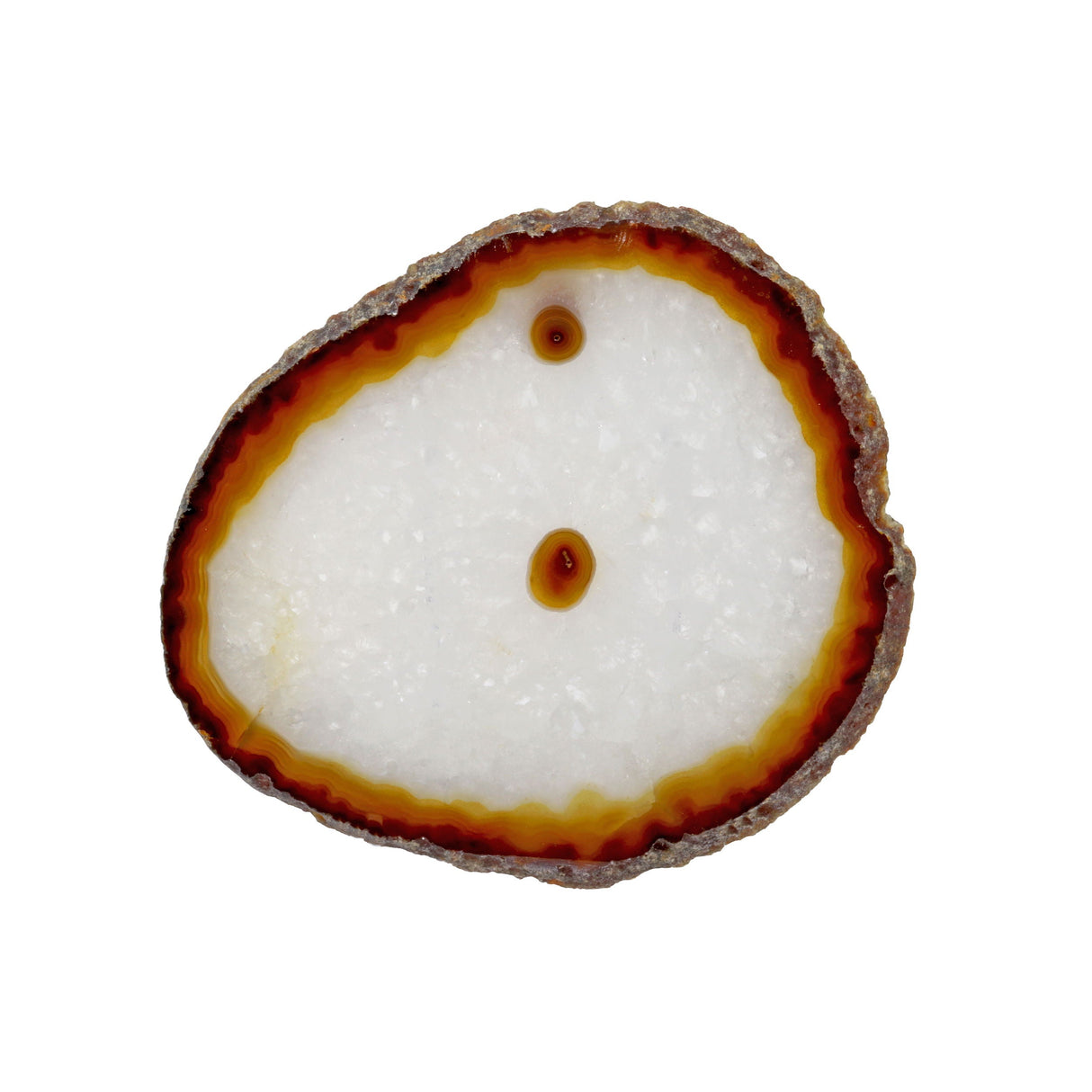 Agate Slice with Thin Caramel Banding, White Opaque Crystal & Caramel Spot with Lucite Stand