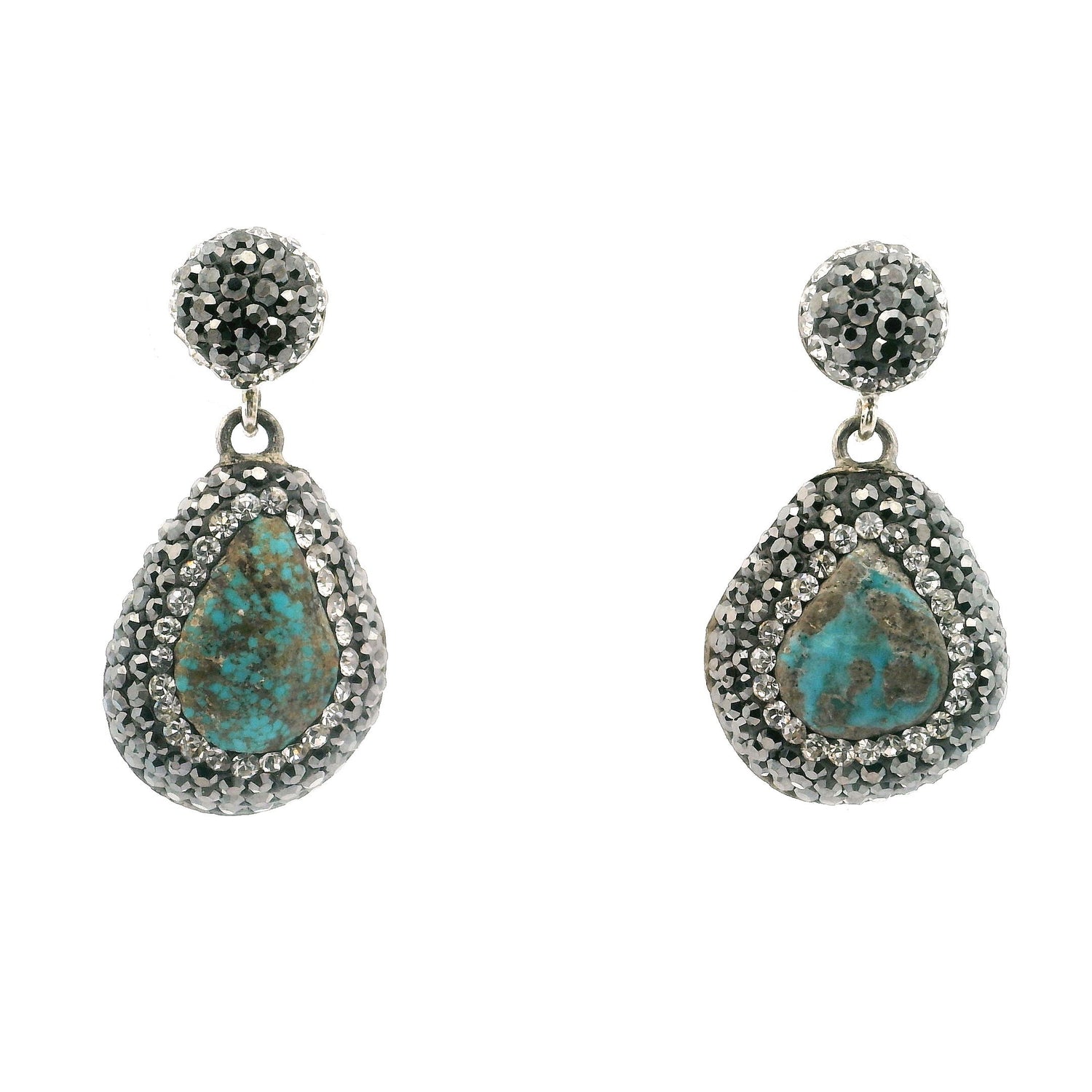 Persian Turquoise Dangle Earrings - Short Pear with Tan Inclusions Surrounded by Rows of Silver Swarovski Crystals & Marcasite Hanging from Round in 925 Sterling Silver