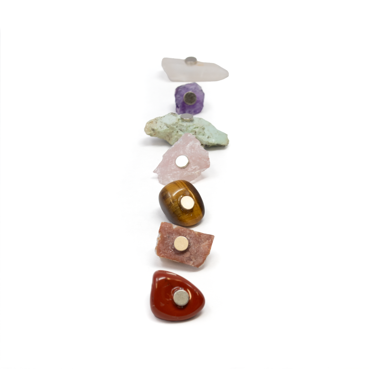 7 Chakra Magnet Set - Set 9 with Quartz Crystal, Amethyst Crystal, Raw Chrysocolla from AZ, Raw Rose Quartz from Brazil, Tumbled Tigers Eye, Citrine Crystal Cluster & Tumbled Red Jasper