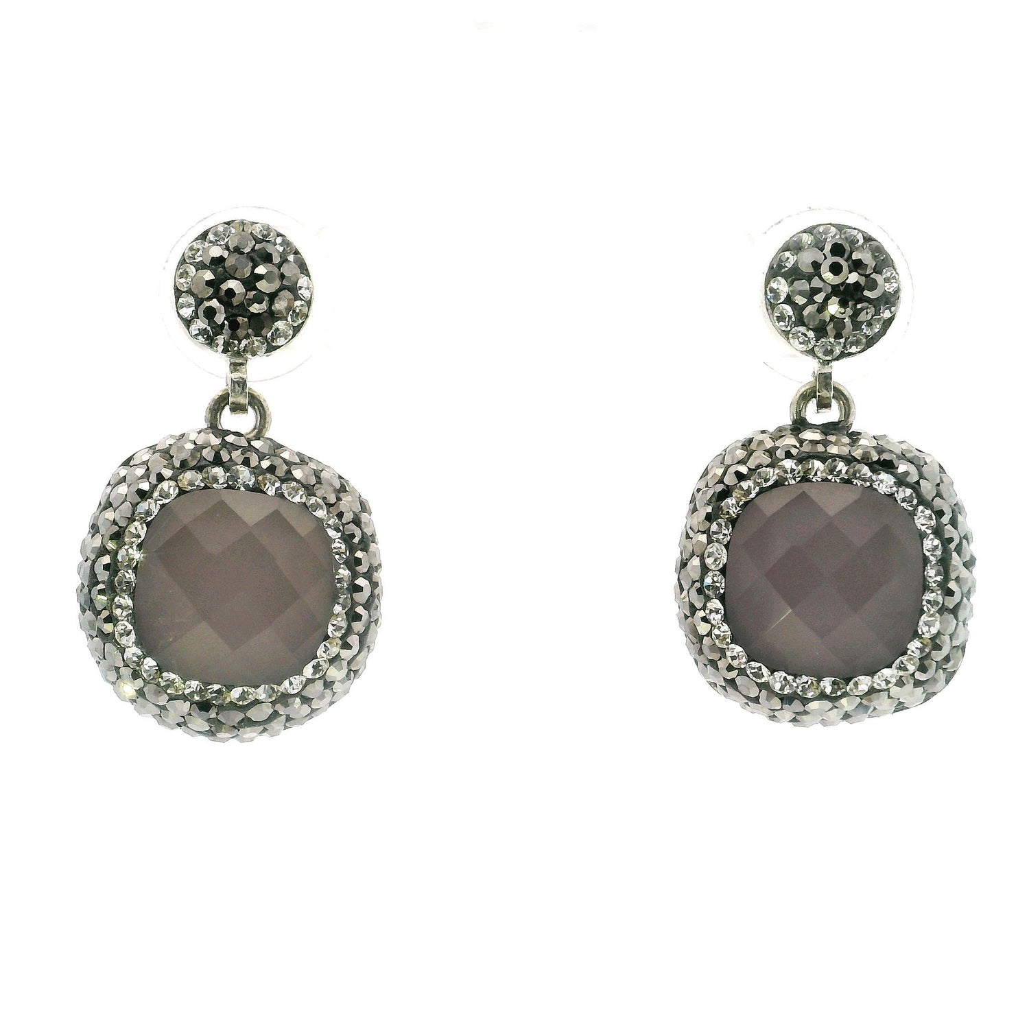 Rose Quartz Dangle Earrings - Faceted Rounded Square with Marcasite & Silver Swarovski Crystals in 925 Sterling Silver