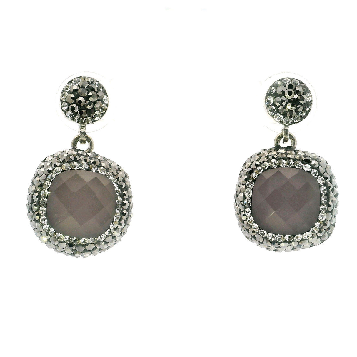 Rose Quartz Dangle Earrings - Faceted Rounded Square with Marcasite & Silver Swarovski Crystals in 925 Sterling Silver