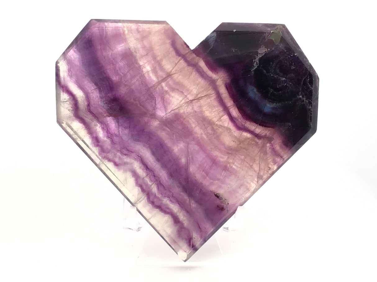 Rainbow Fluorite Heart - Flat with Faceted Faces on Lucite Stand (Diagonal Purple Banding)