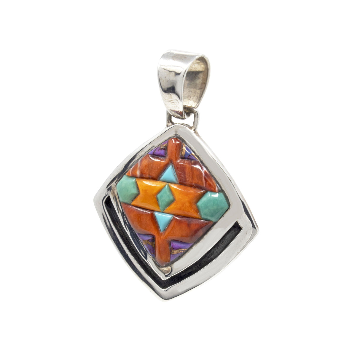 Popcorn Inlay Pendant - Diamond Set Square in Silver Bezel with V Shaped Cutout