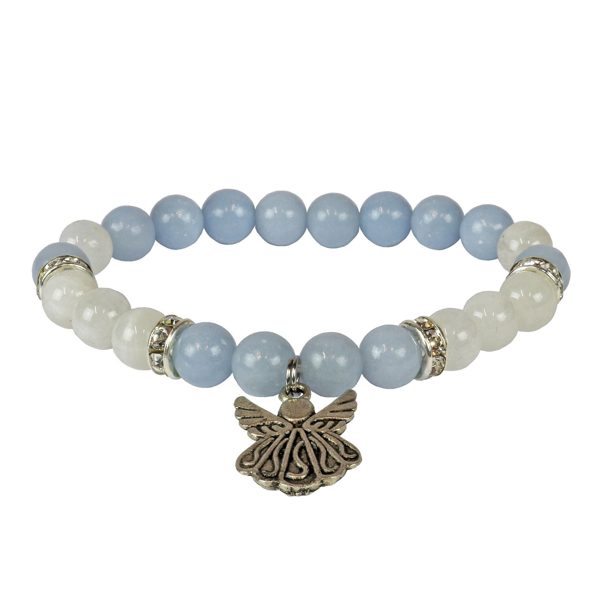 Angelite & Rainbow Moonstone Bracelet 8mm With Angel Charm
