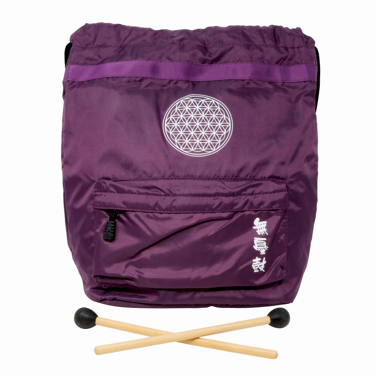 Purple carry bag with Flower of Life print and two wood mallets for the steel tongue drum