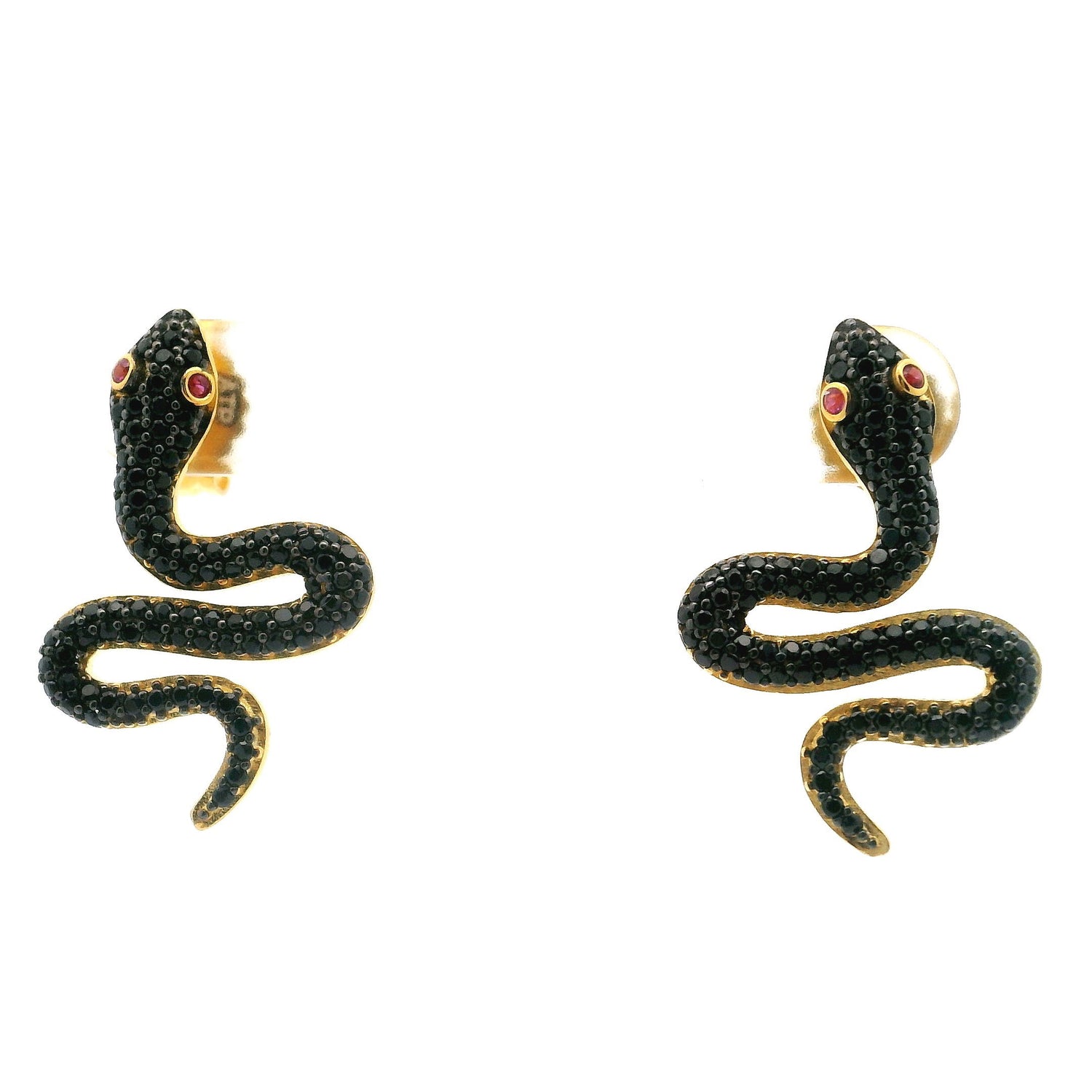 Nano Stone Stud Earrings - Black Snake with Red Eyes in Gold Vermeil over 925 Sterling Silver