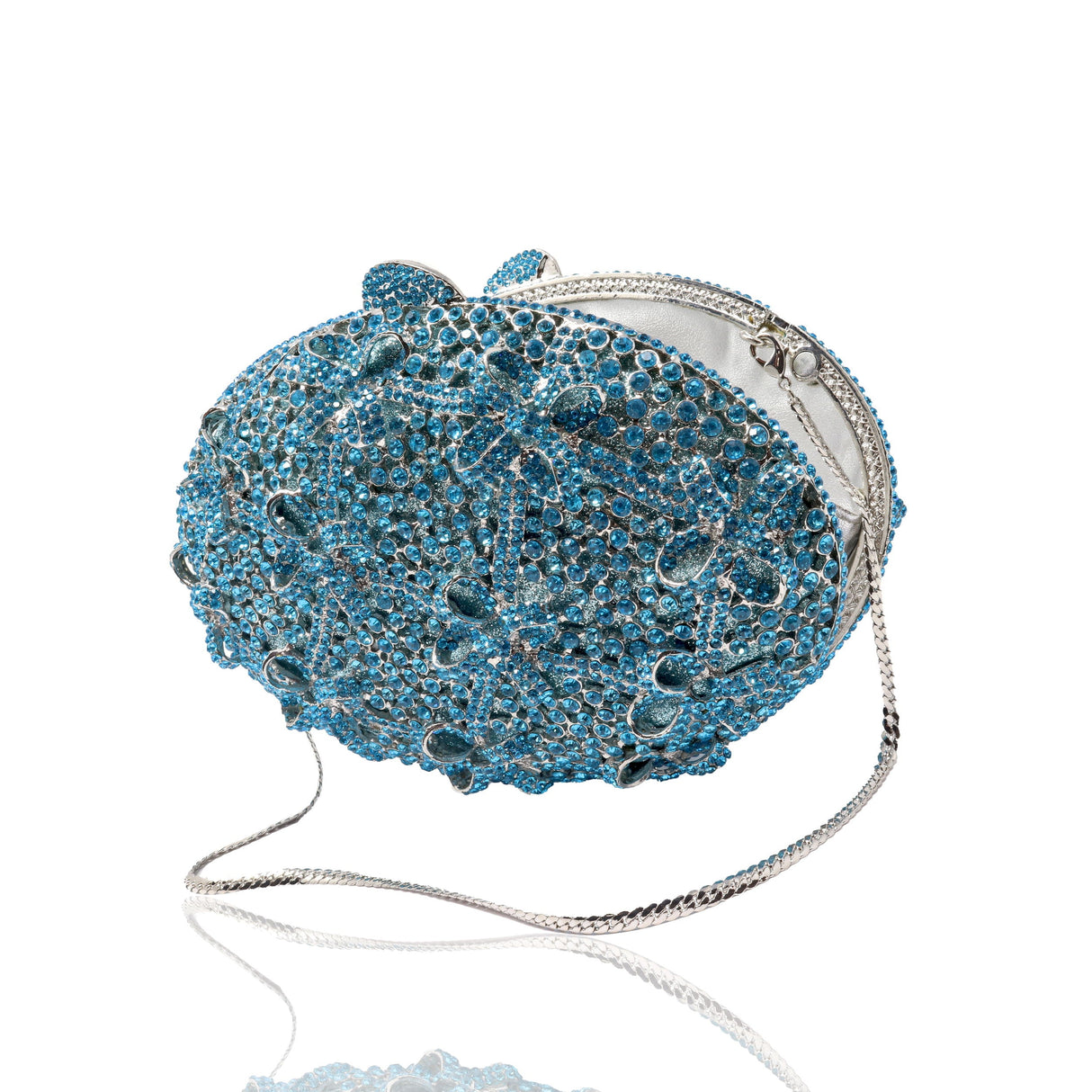 Sky Blue Bow Oval Crystal Purse with Chain