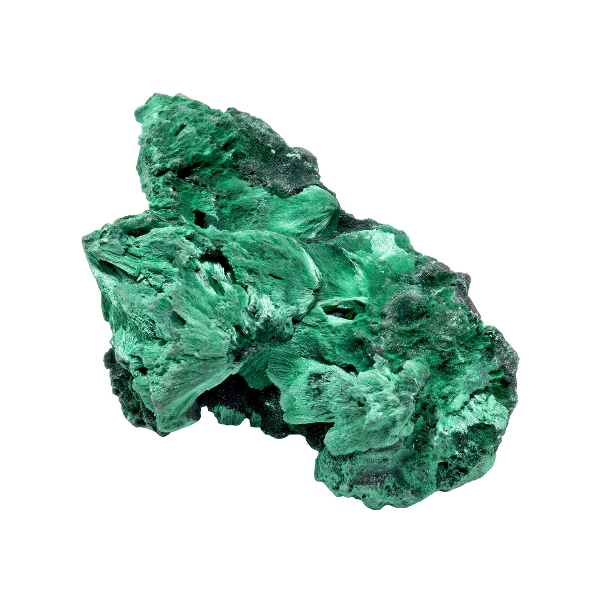 Chatoyant Fibrous Malachite Specimen on Lucite Stand