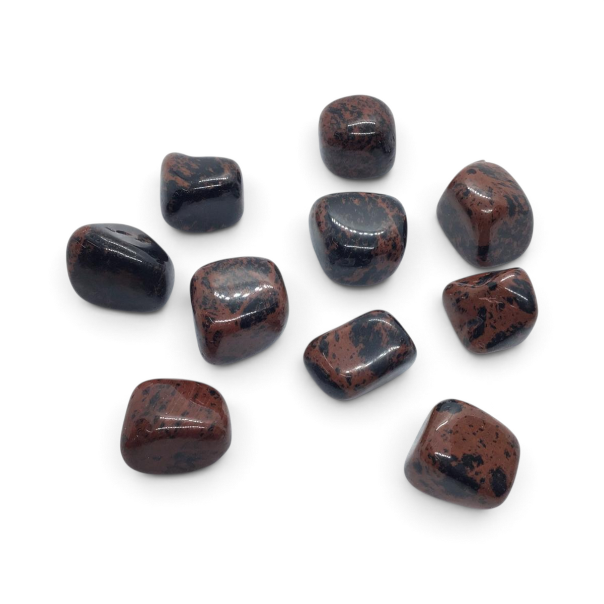 Rare Earth Gallery tumbled mahogany obsidian stones from Mexico with smooth, polished black and reddish-brown surfaces.