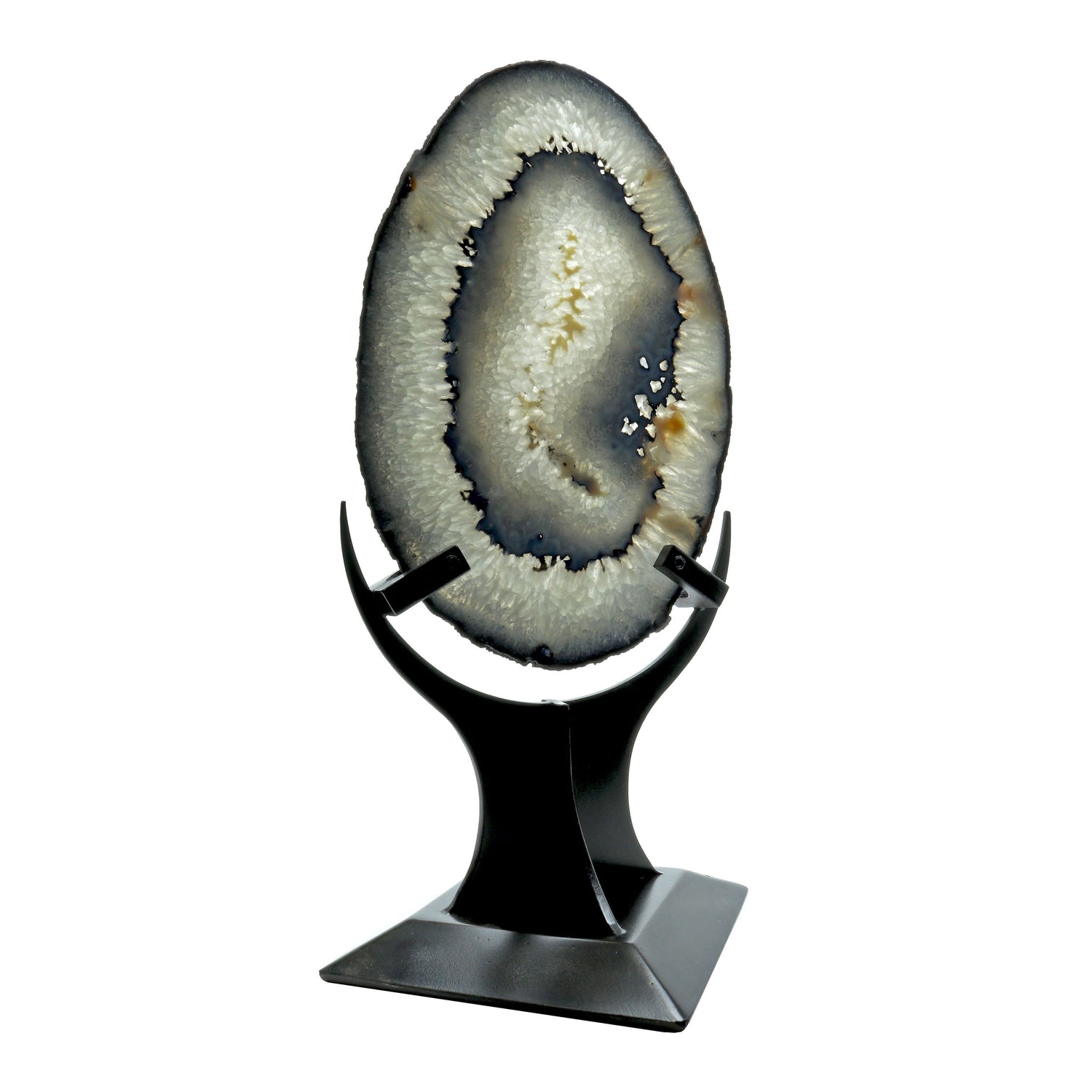 Agate Slice with Dark Blue Bands & Natural Egg Shape - Double-Sided Polish in Custom Crescent Stand
