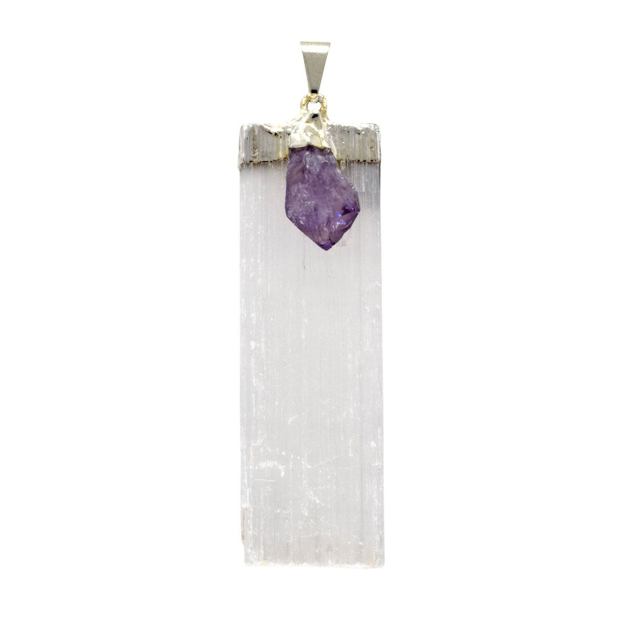 Selenite Blade Pendant with Amethyst Crystal (Selenite from Morocco)