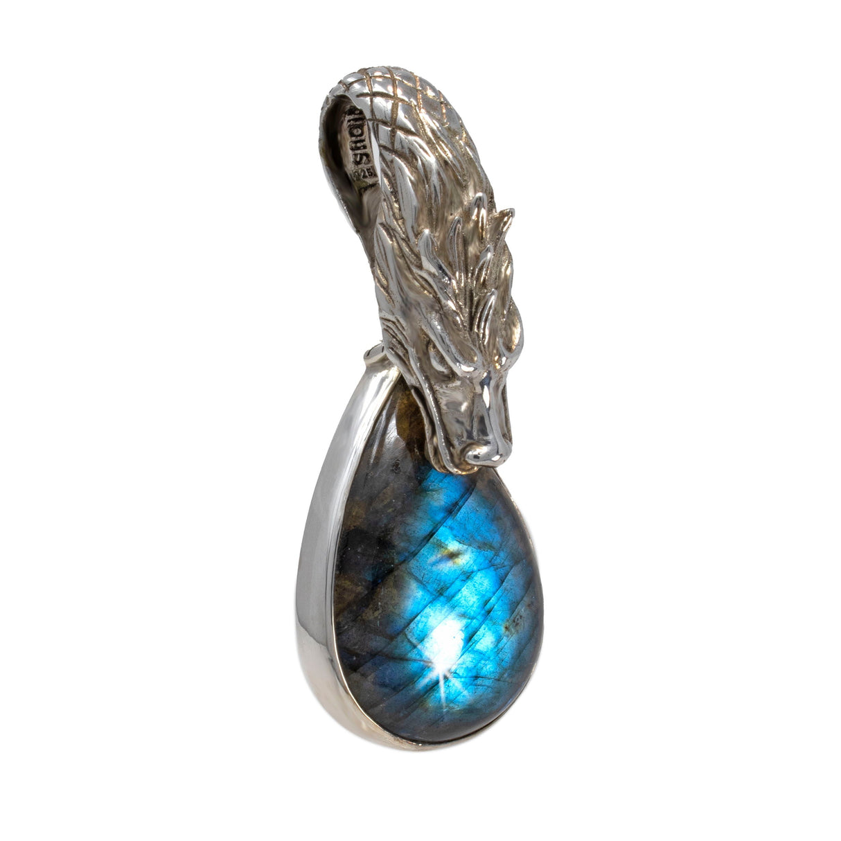 Labradorite Dragon Pendant with Pear Cabochon & Ornate Silver Dragon Head