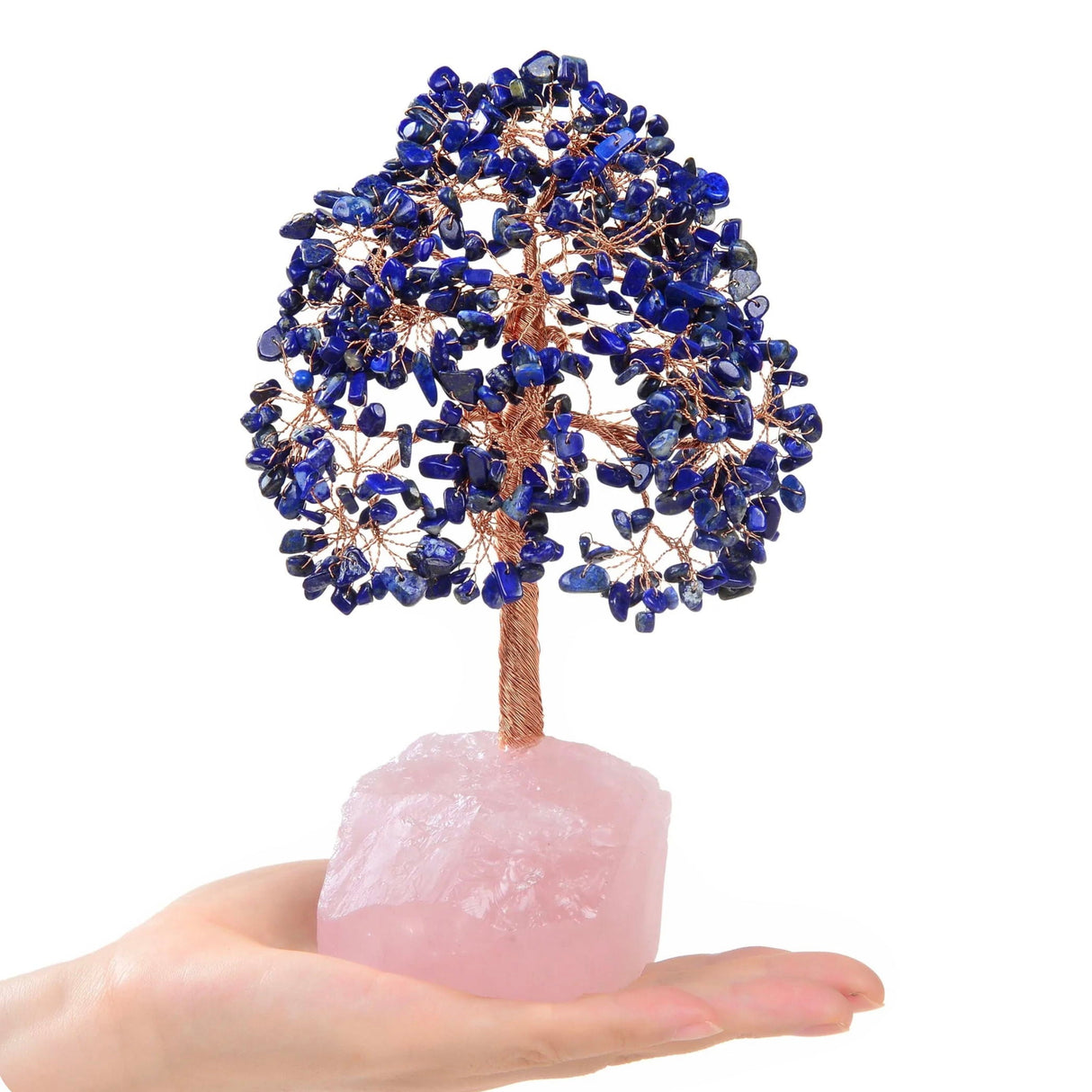 Lapis Lazuli Copper Wire Beaded Bonsai Tree on Rose Quartz Base