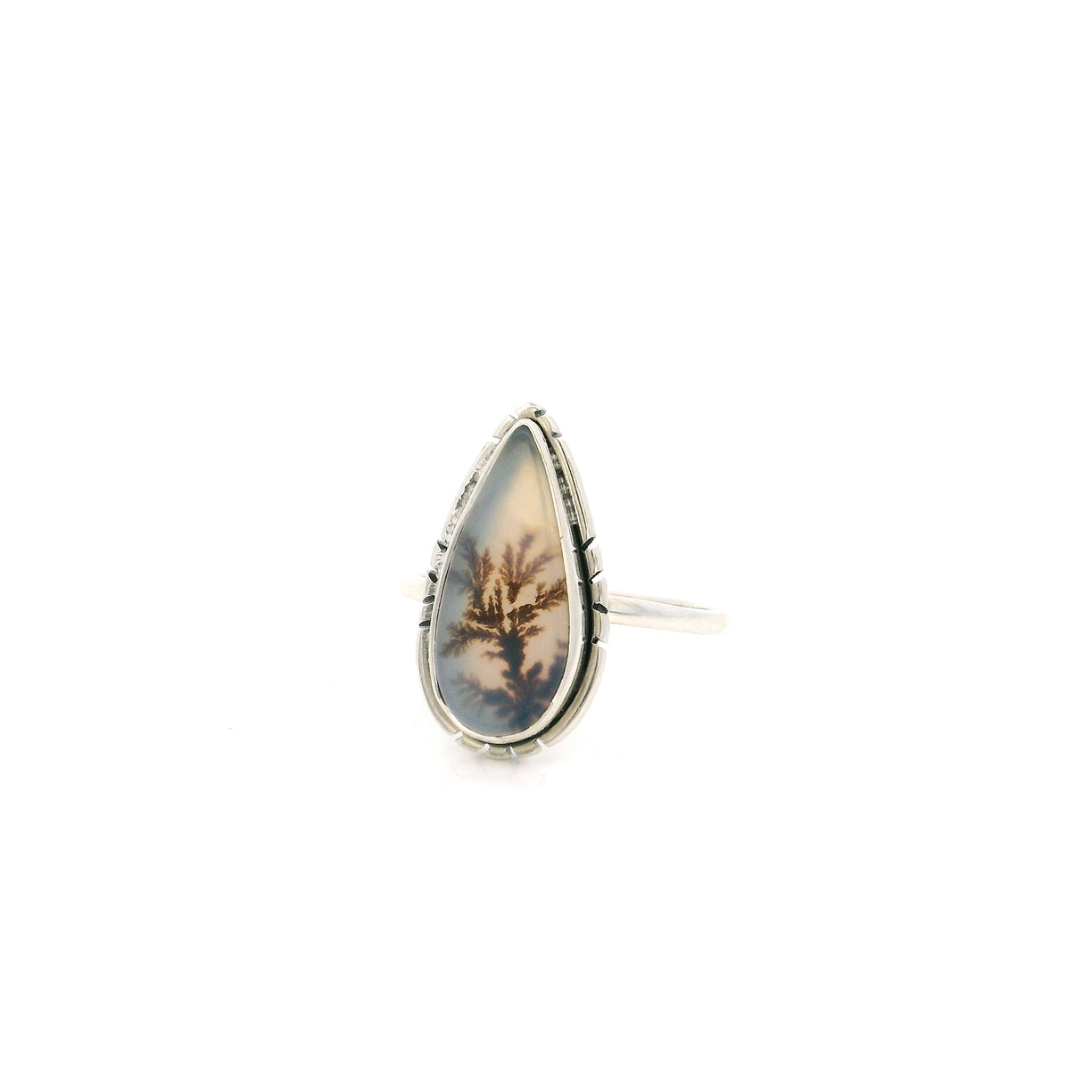 Dendritic Agate Flat Cabochon Bezel Set Ring in Feather Flare Design