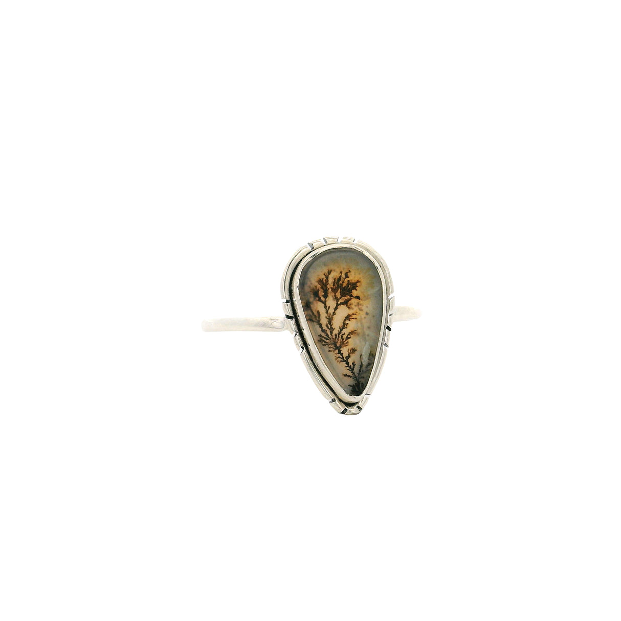 Dendritic Agate Flat Cabochon Bezel Set Ring in Feather Flare Design
