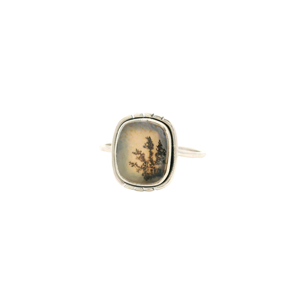 Dendritic Agate Flat Cabochon Bezel Set Ring in Feather Flare Design