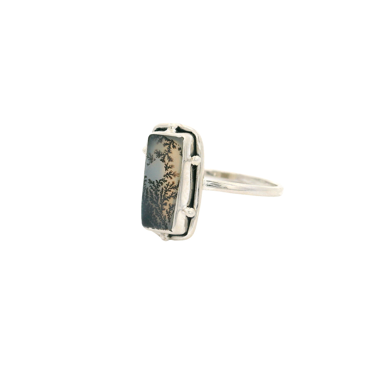 Dendritic Agate Flat Cabochon Bezel Set Ring in Studded Design