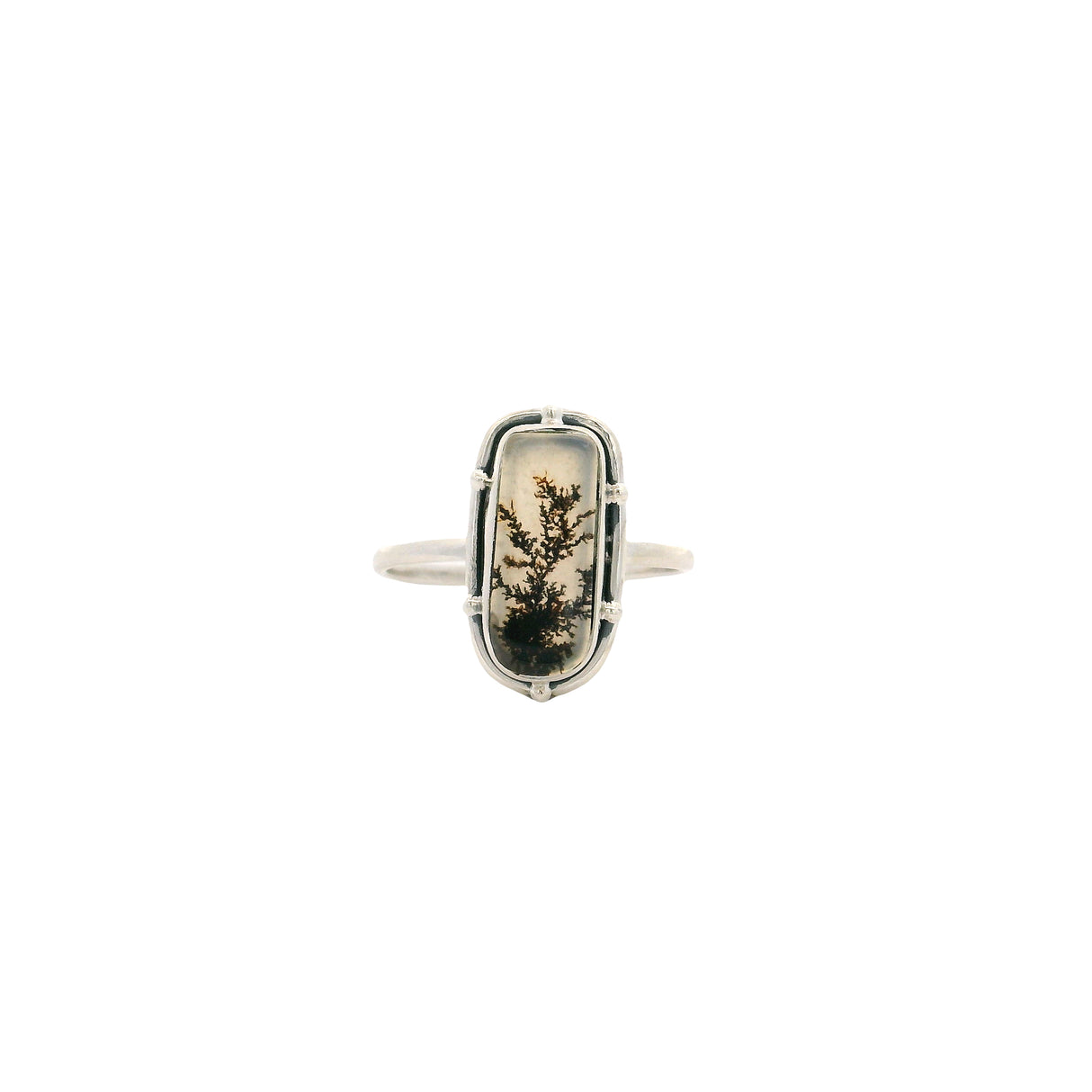 Dendritic Agate Flat Cabochon Bezel Set Ring in Studded Design