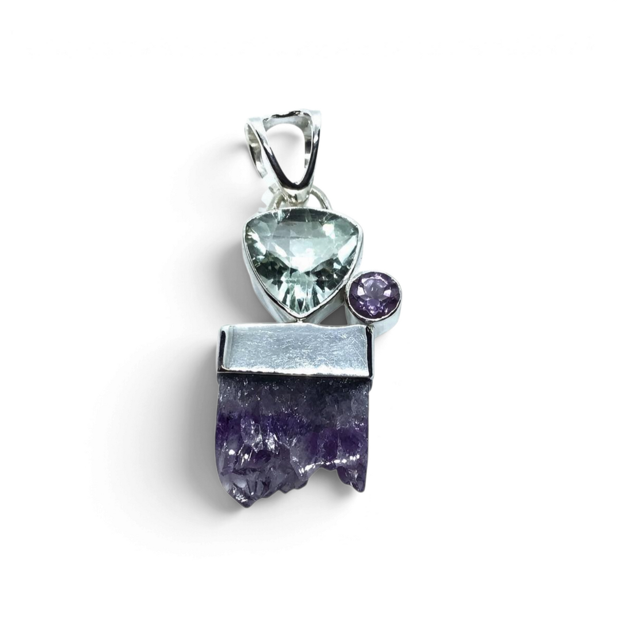 Rare Earth Gallery prasiolite trillion pendant with amethyst round, stalactite slice, and green agate in silver bezel.