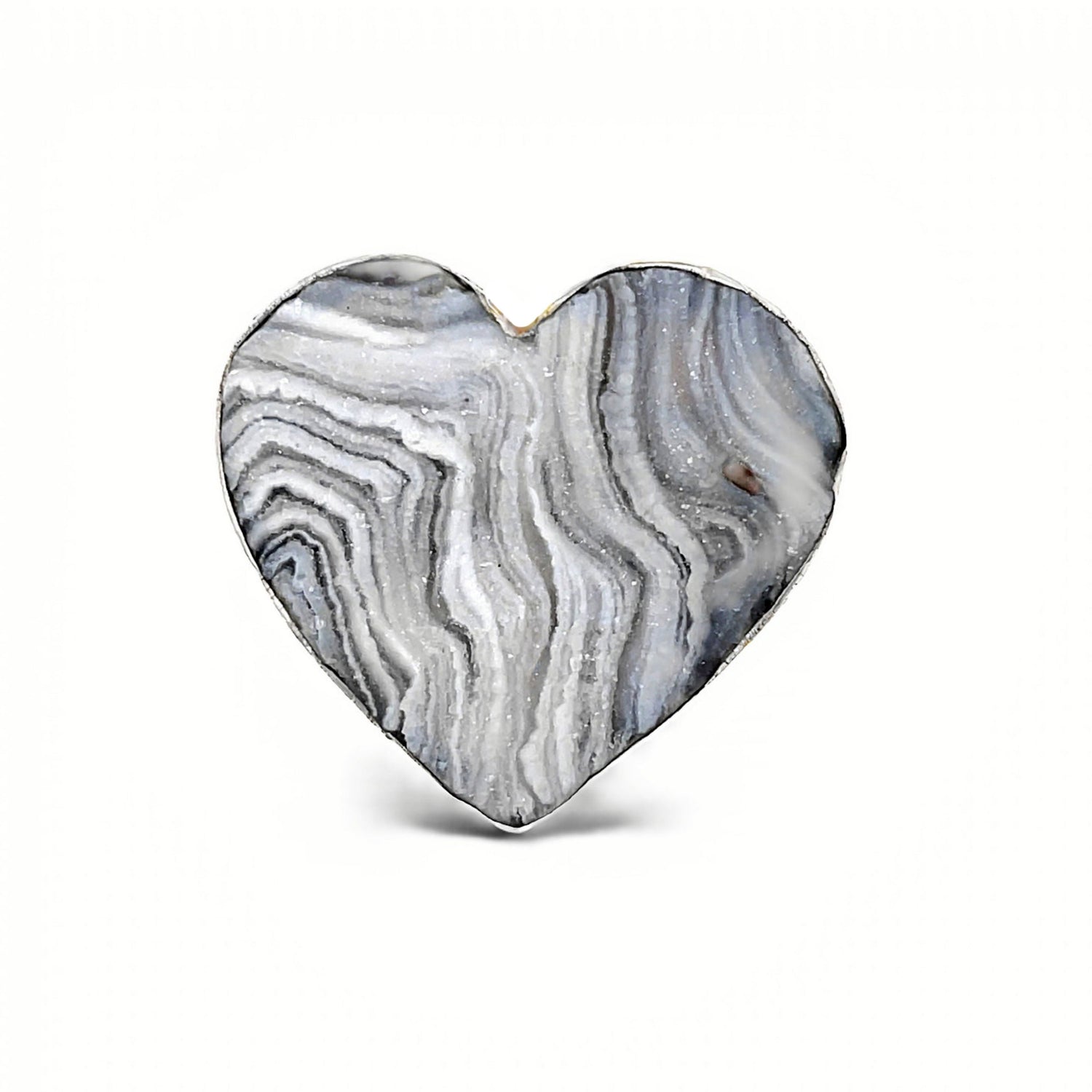 Natural Desert Druze Heart Ring Adjustable Size with Silver Bezel & Unique Gray Druze Patterns