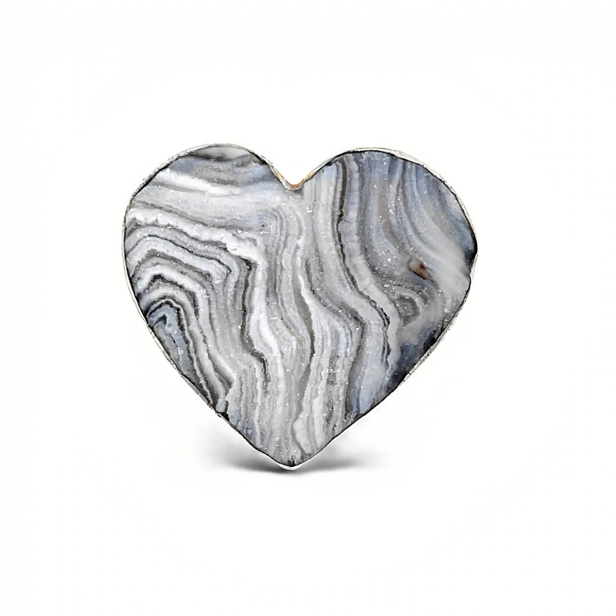 Natural Desert Druze Heart Ring Adjustable Size with Silver Bezel & Unique Gray Druze Patterns