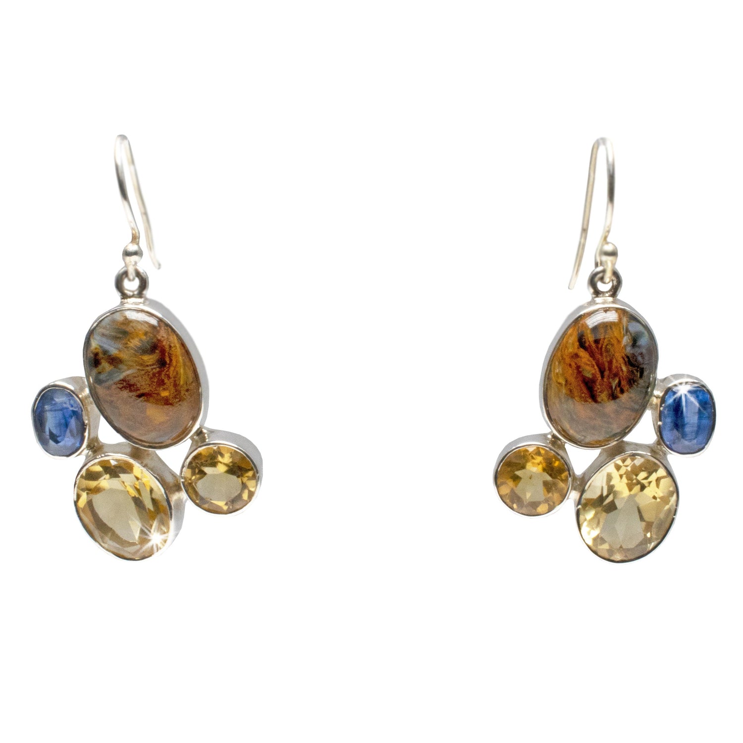 Pietersite Dangle Earrings - Oval Cabochon with Faceted Citrine Ovals & Rounds with Faceted Kyanite Ovals