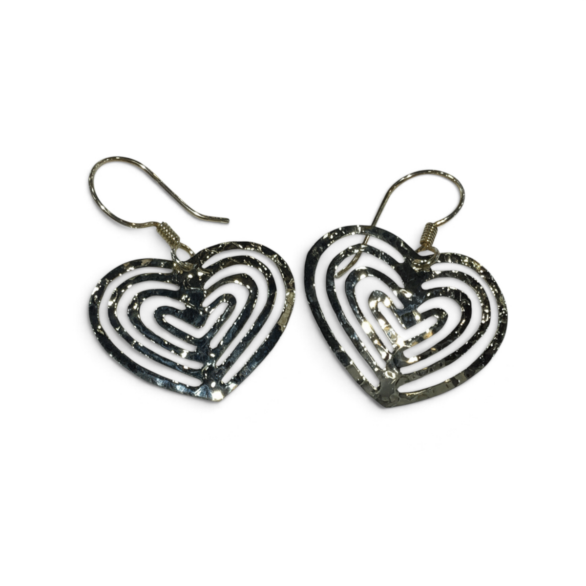 Rare Earth Gallery sterling silver heart-shaped earrings with a textured ripple design and hook backings.