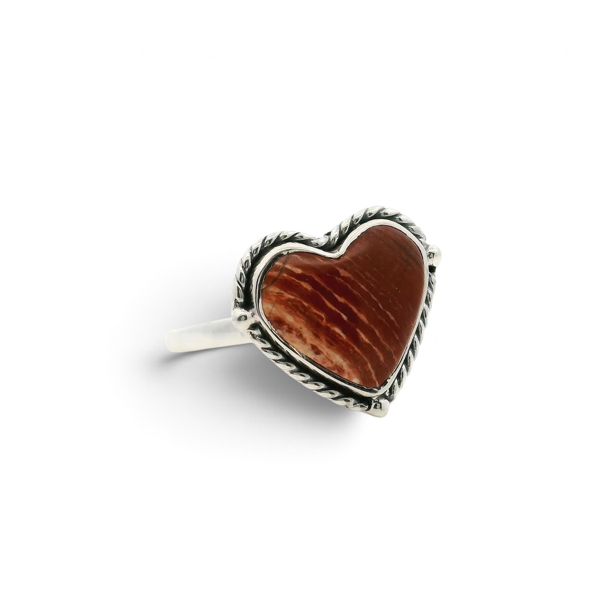 Red jasper heart cabochon with peach striations in sterling silver rope-detail half bezel