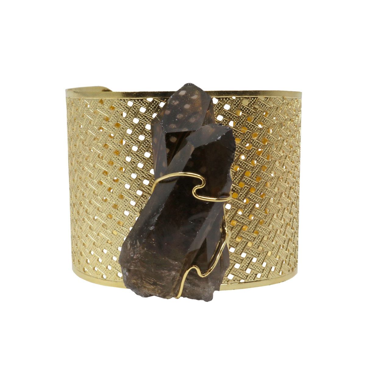 Smoky Quartz Cluster Cuff Bracelet - Prong Set Gold Overlay Wide Band
