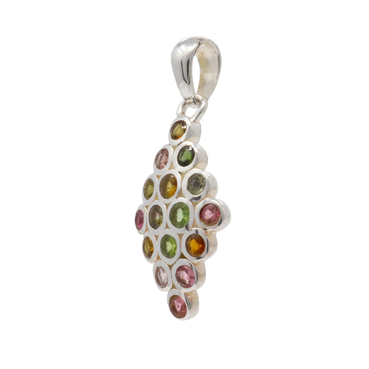 Multi Tourmaline Pendant - Mini Faceted Rounds Matrix with Silver Bezels Set in Diamond Shape