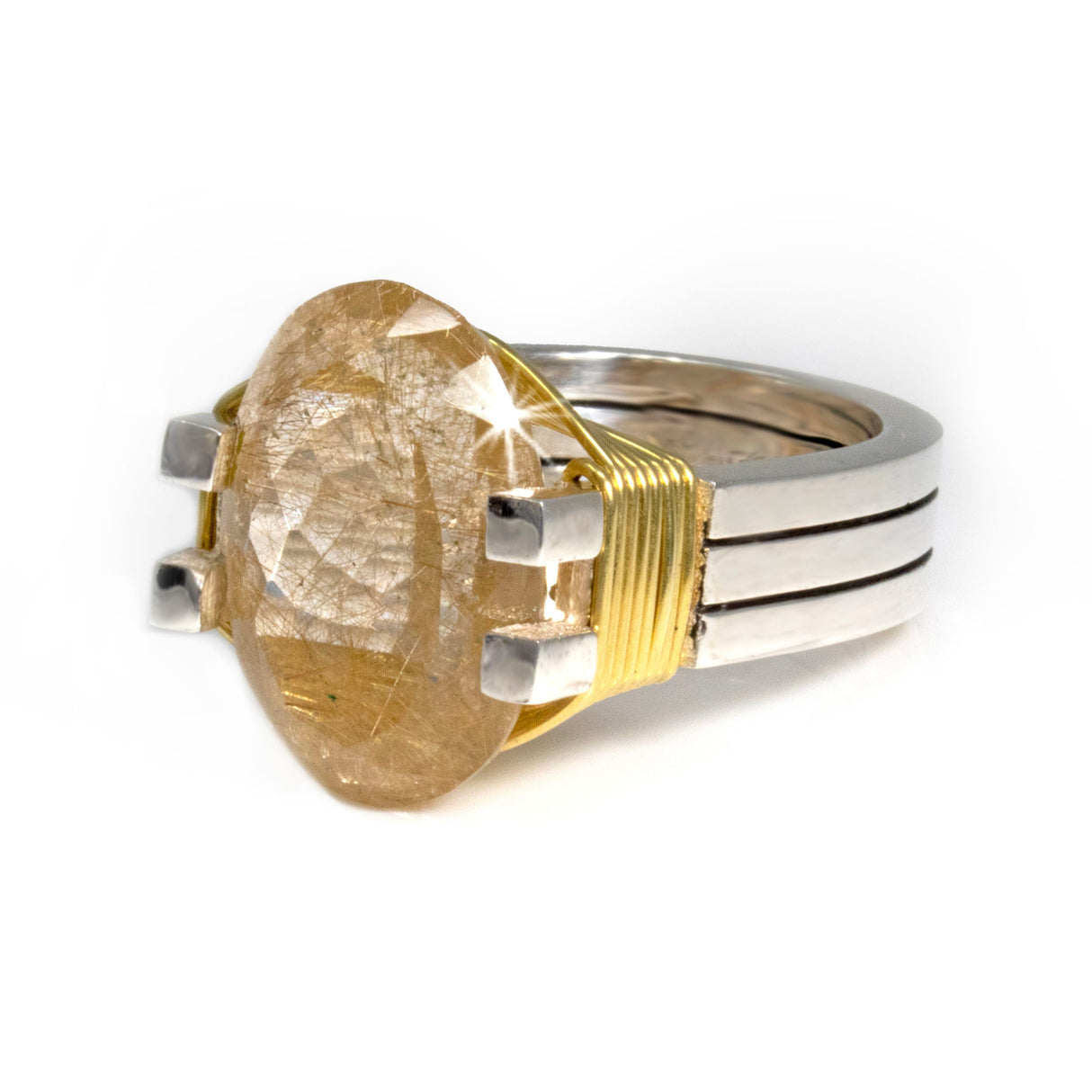 Faceted Golden Rutile Quartz Ring - Oval Prong Set in Sleek Industrial Design Band with 24k Gold Vermeil Wire Wrap Size 8