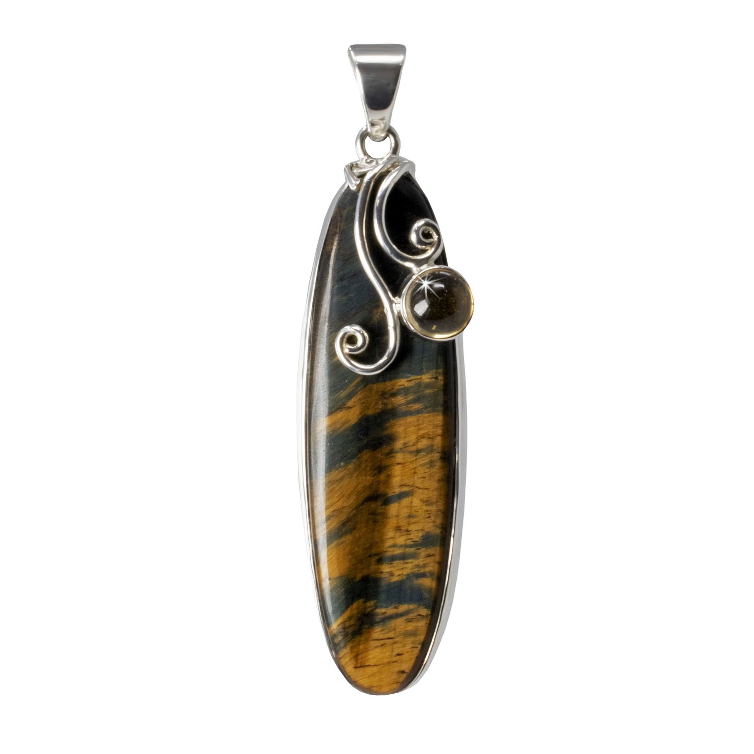 Pietersite Pendant - Elongated Oval with Citrine Round Cabochon & Silver Swirls Set in Silver Bezel - 3"+