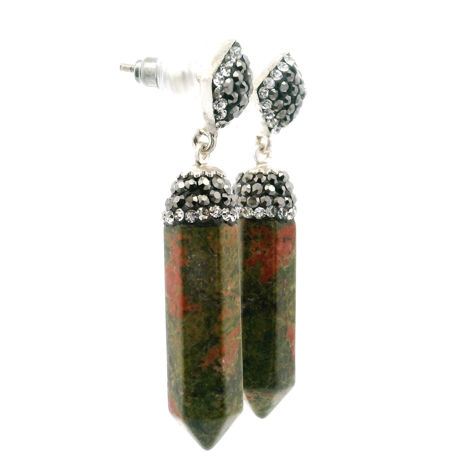 Unakite Dangle Earrings - Point Lantern Set with Silver Swarovski Crystals & Marcasite Hanging from Square in 925 Sterling Silver