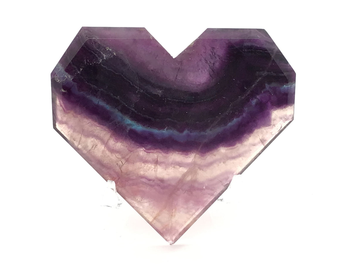 Rainbow Fluorite Heart - Flat with Faceted Faces on Lucite Stand (Blue Smiling Stripe)