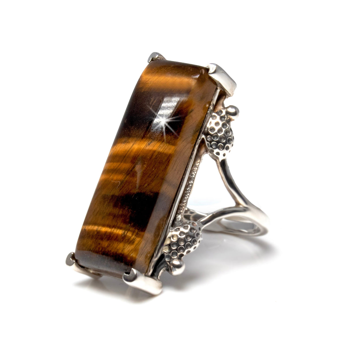 Tigers Eye Ring - Elongated Rectangle Cabochon Prong Set on Open Silver Band with Strawberries Sz10