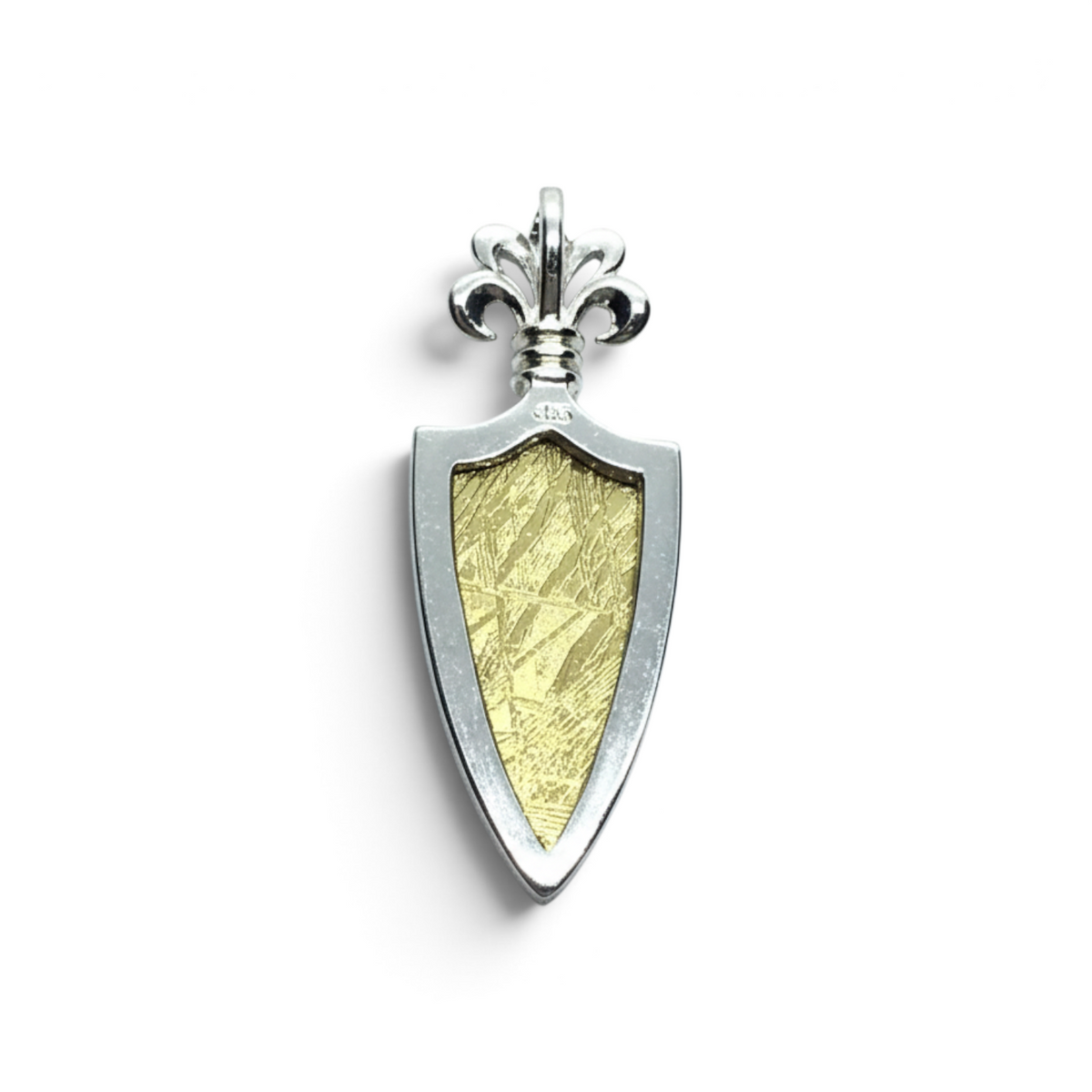 Rare Earth Gallery Muonionalusta meteorite shield pendant with gold plating, sterling silver, and fleur de lis top.