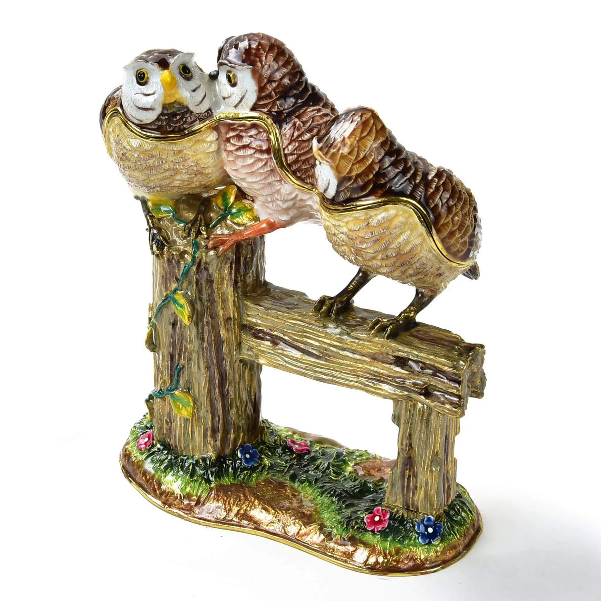 Owl Family on Branch Figurine Jewel Box