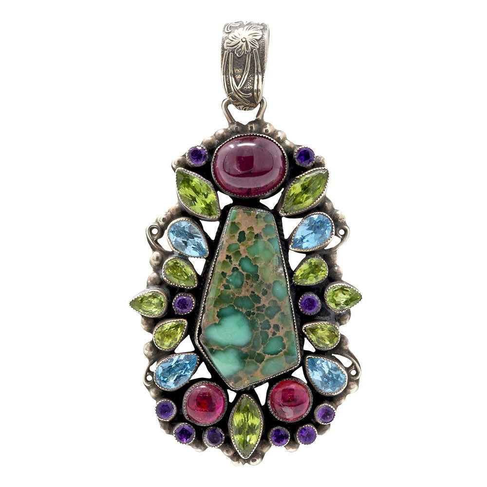 Leo Feeney Variscite Turquoise Pendant with Tan Webs, Pink Tourmaline, Amethyst, Peridot & Blue Topaz