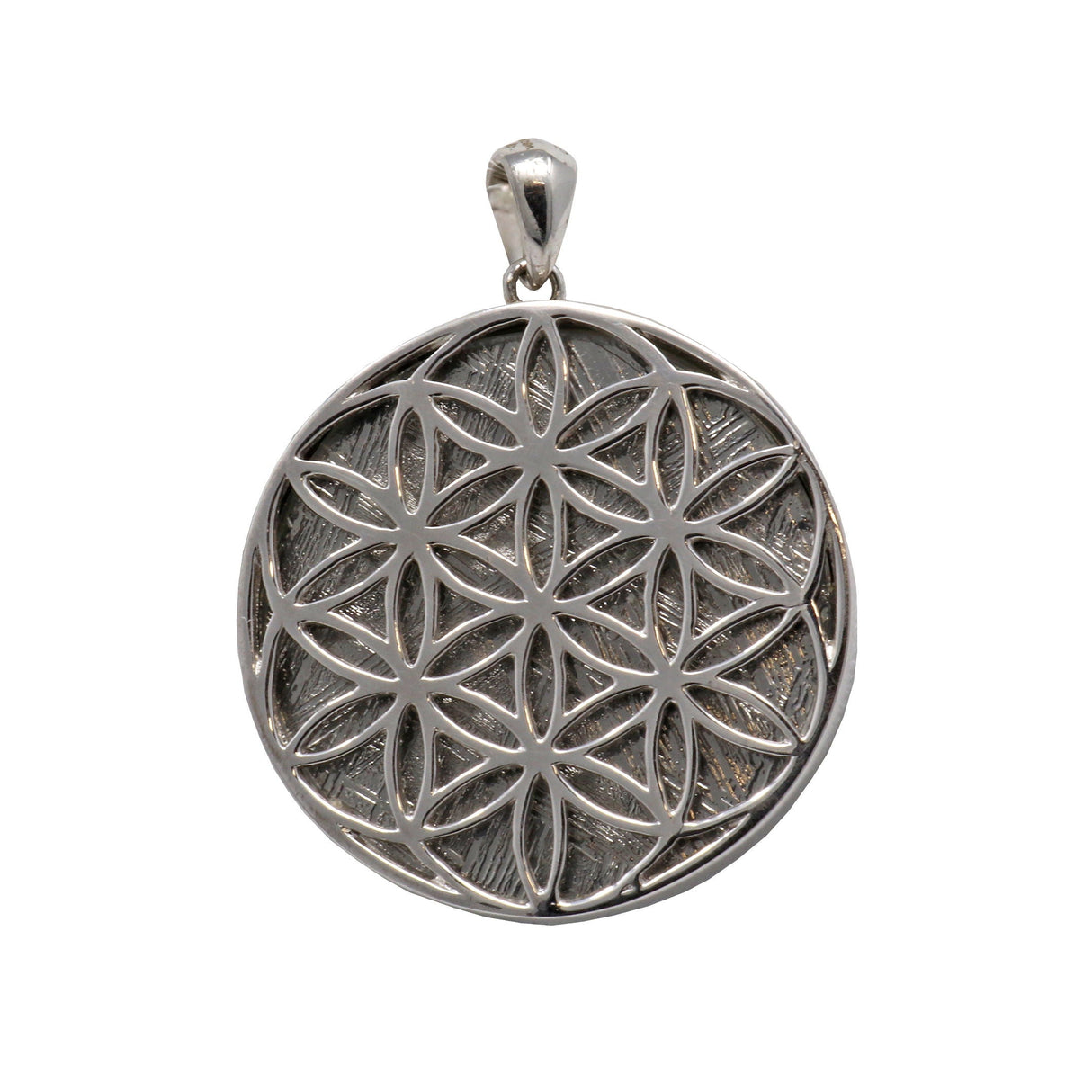Muonionalusta Meteorite Pendant - Circle with Flower of Life - Sacred Geometry