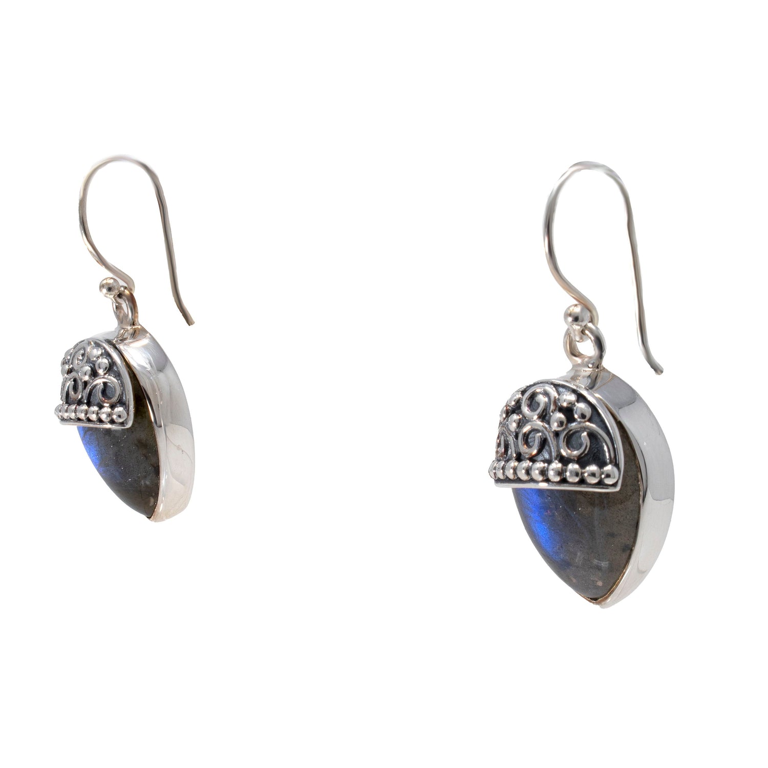 Labradorite Dangle Earrings Reverse Pear with Silver Cap Detail