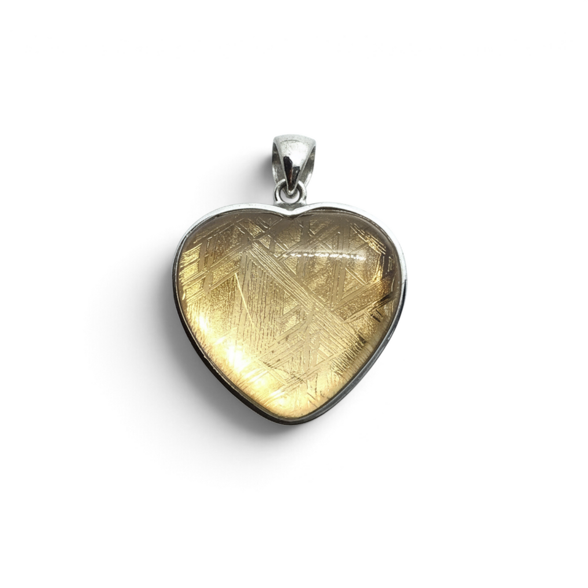 Rare Earth Gallery heart pendant featuring Muonionalusta meteorite with gold vermeil and sterling silver bezel