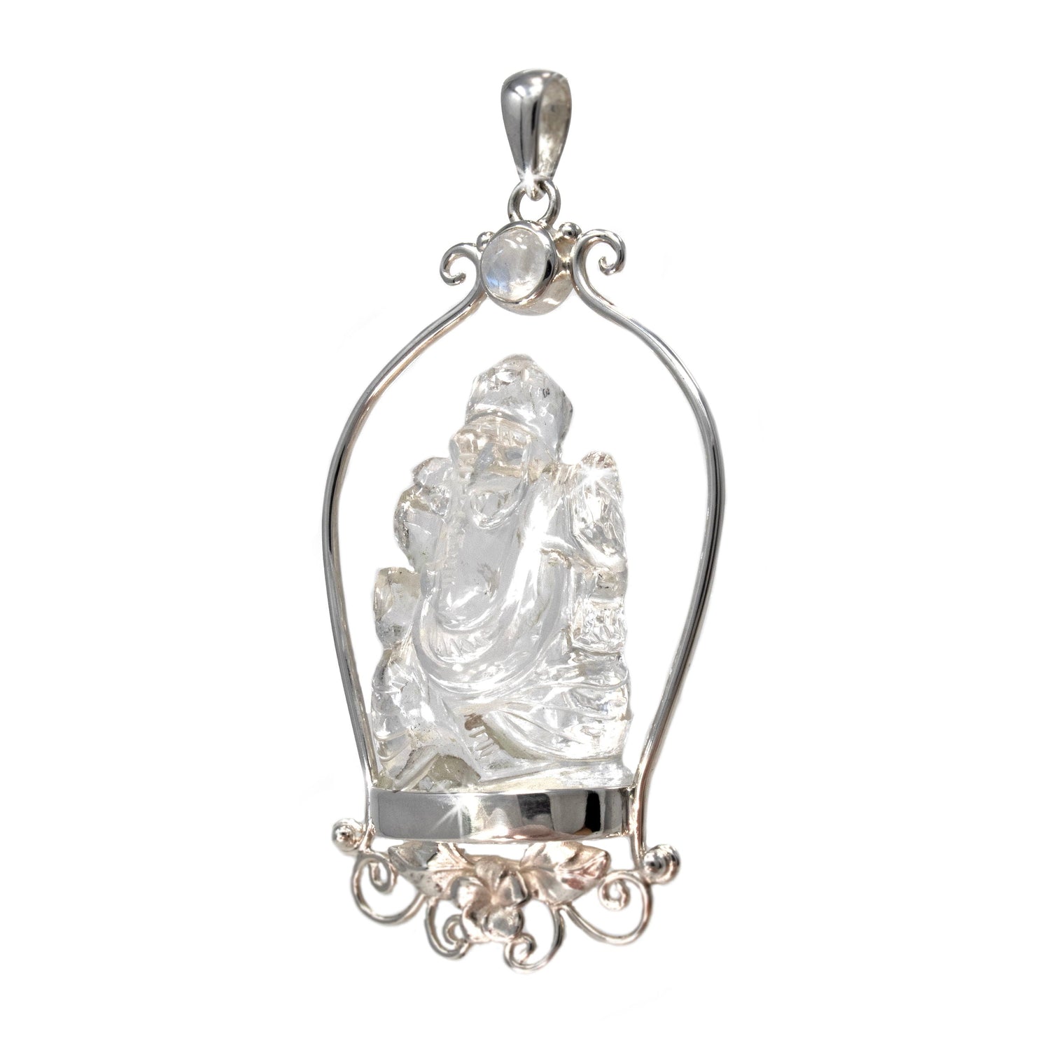 Carved Ganesha Quartz Pendant with Round Rainbow Moonstone Cabochon Set on Silver Perch with Leaves & Filigree on Bottom