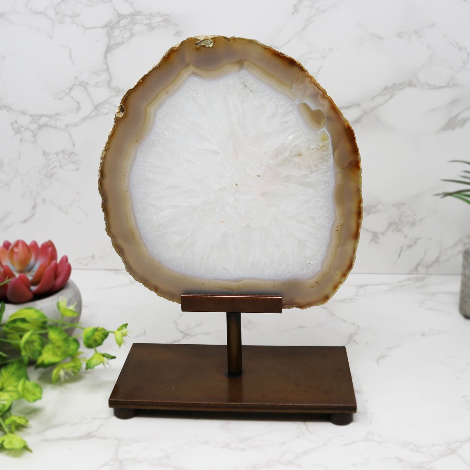 Agate Slice with Quartz Center in Custom Patina on Post Stand