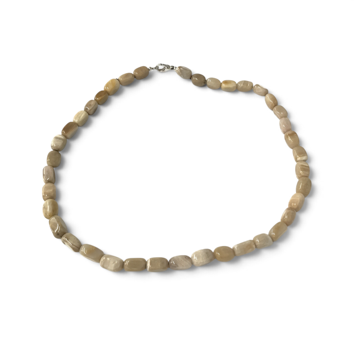 Rare Earth Gallery necklace featuring smooth, rectangular tumbled petrified wood beads in earthy beige tones.
