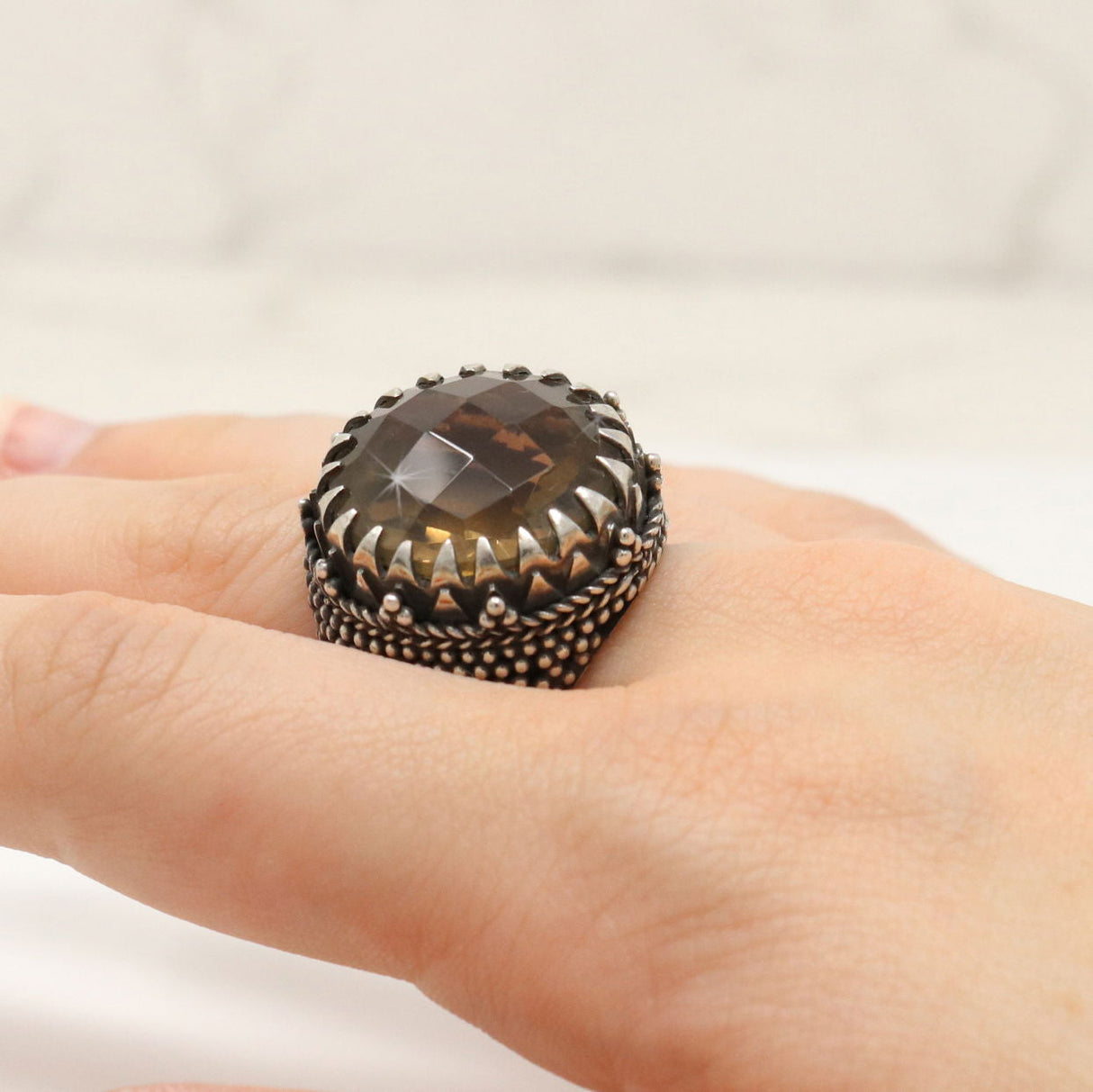 Smoky Quartz Ring - Faceted Round on Bead Textured Band Sz9