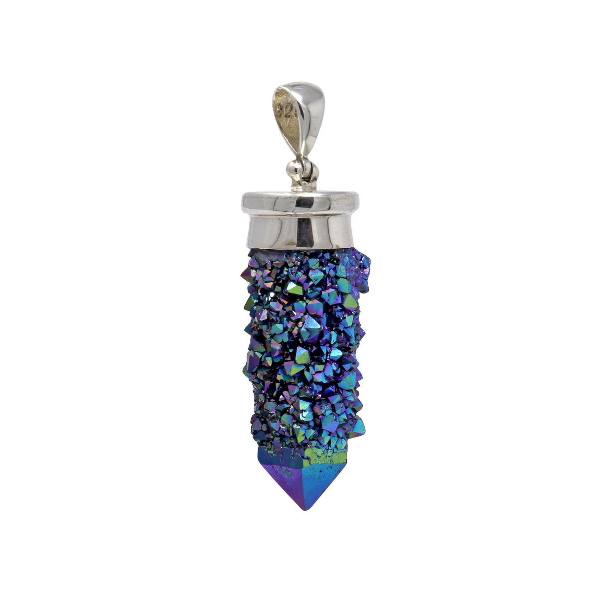 Spirit Quartz Pendant - Narrow Single Point Rainbow Titanium Druze with Silver Lantern Top Bezel