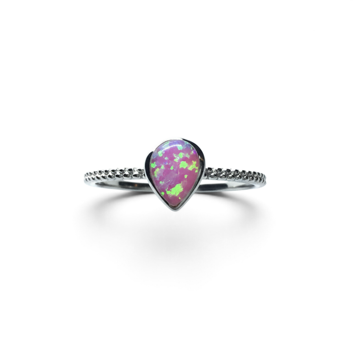 Rare Earth Gallery pear shaped pink opal ring with a delicate textured silver band