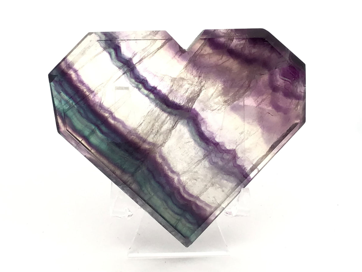 Rainbow Fluorite Heart - Flat with Faceted Faces on Lucite Stand (Diagonal Purple & Green & Clear Banding with Green Along One Entire Edge)