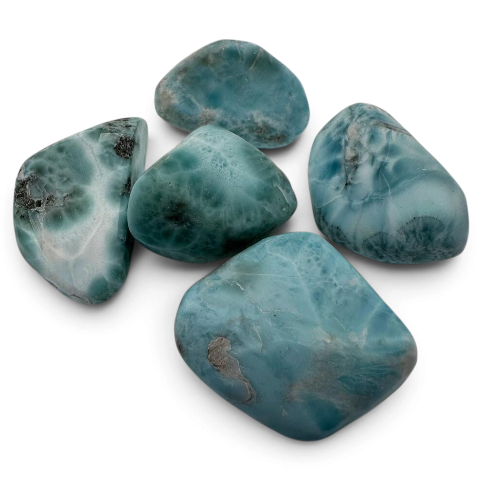 Rare Earth Gallery tumbled Larimar stones with a smooth matte finish in shades of ocean blue and white