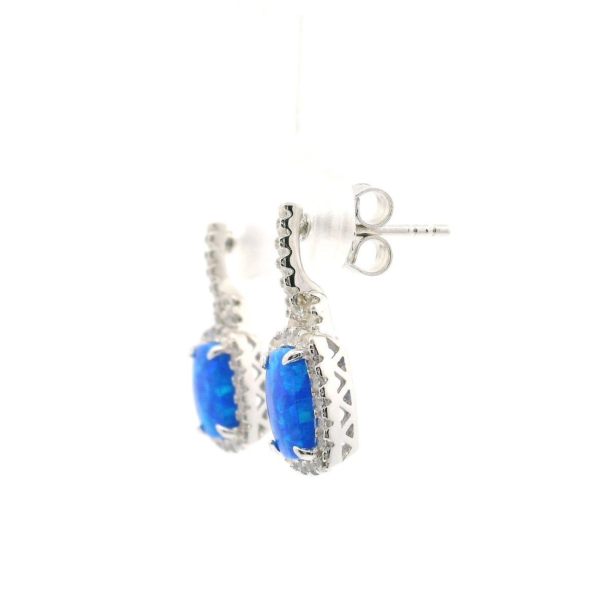 Blue Opal Earrings on Post - Rectangle Cabochon with White CZs in Bail & Surrounding Prong Setting in 925 Sterling Silver